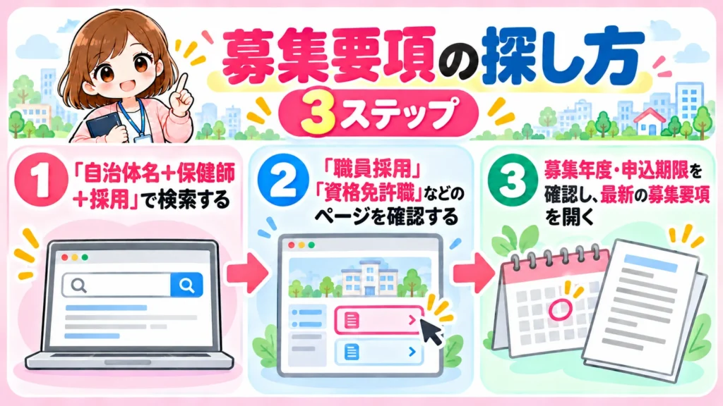 募集要項の探し方3ステップの図解