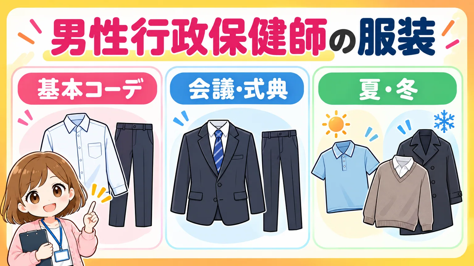 男性行政保健師の基本コーデと会議や季節別の服装を示した図解