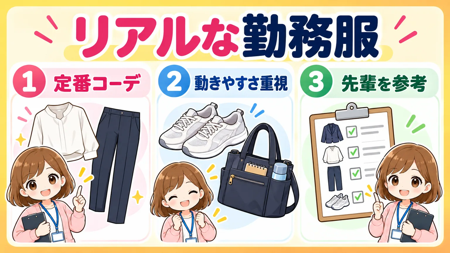 現役行政保健師の定番コーデと動きやすいリアルな勤務服を示す図解