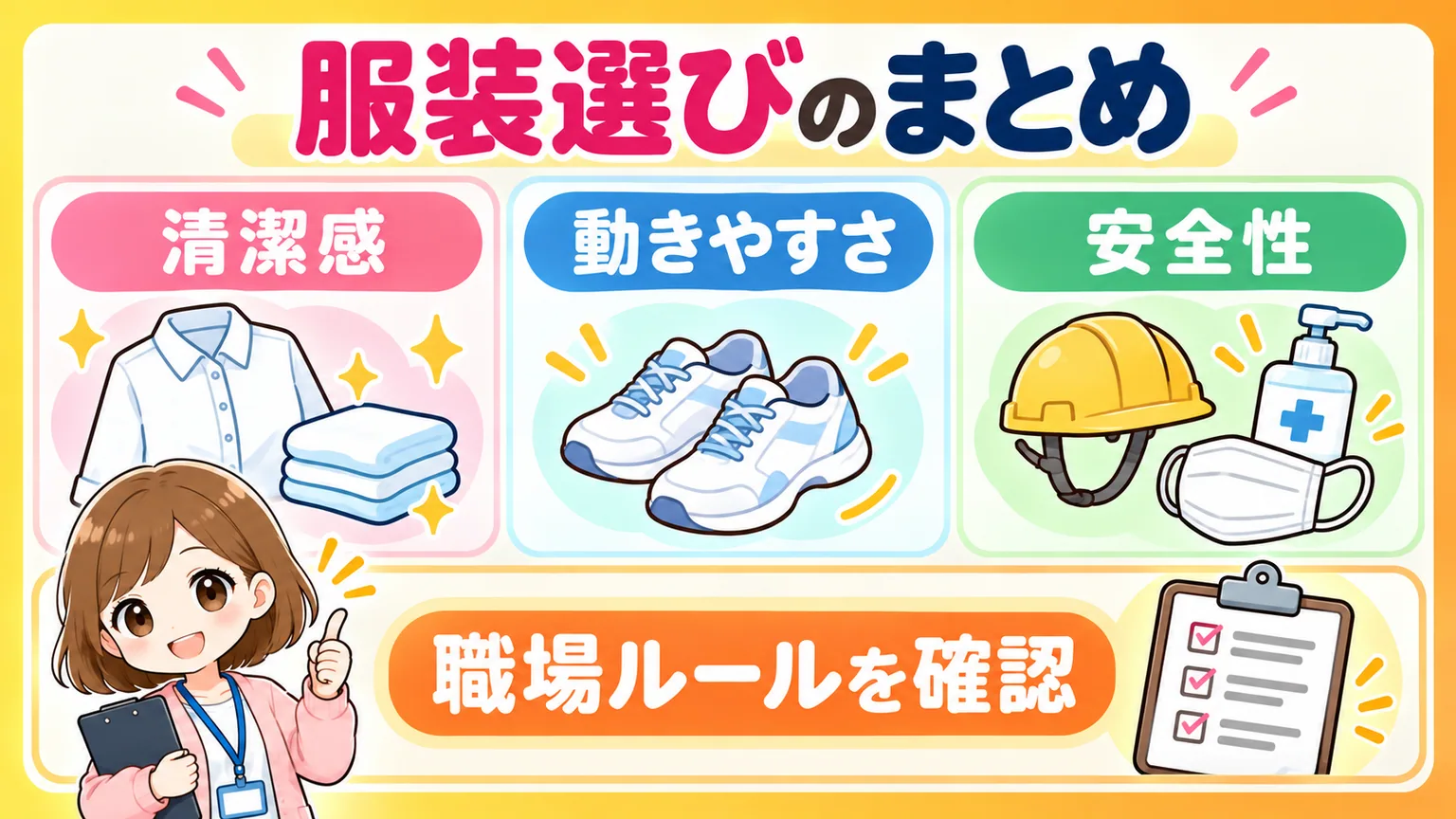行政保健師の服装は清潔感と動きやすさと安全性が大切だと示すまとめ図解