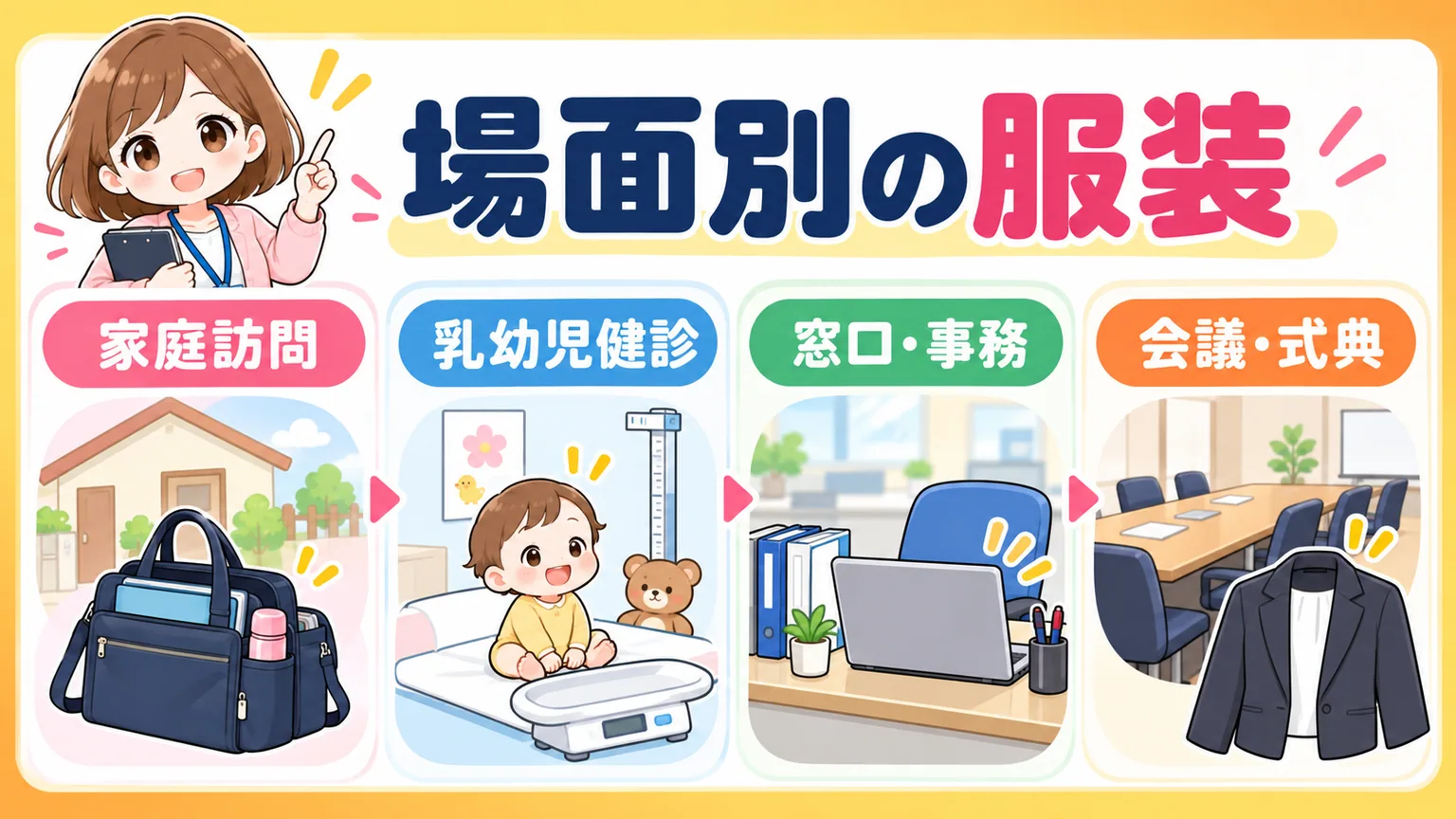 家庭訪問や乳幼児健診など行政保健師の場面別の服装を示した図解