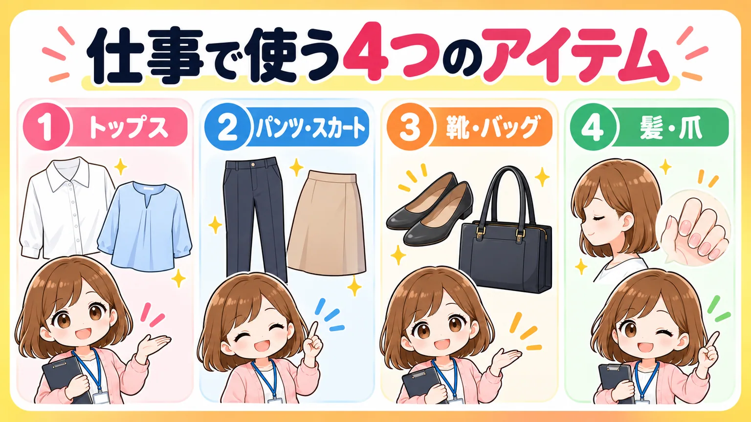 行政保健師のトップスやパンツと靴やバッグなどの服装アイテム選び